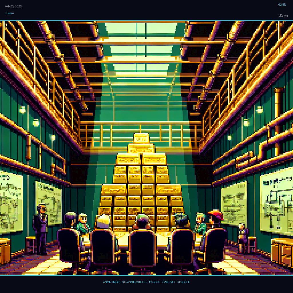 pDawn card for February 20, 2026: 62.8%, ANONYMOUS STRANGER GIFTS CITY GOLD TO SERVE ITS PEOPLE. Pixel art: conspicuously vacant, the anonymous donor's absence made physical.