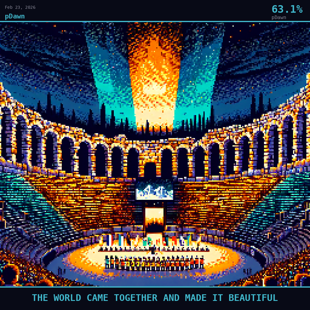 pDawn card for February 23, 2026: 63.1%, THE WORLD CAME TOGETHER AND MADE IT BEAUTIFUL. Pixel art: The ancient Verona Arena fills the frame.