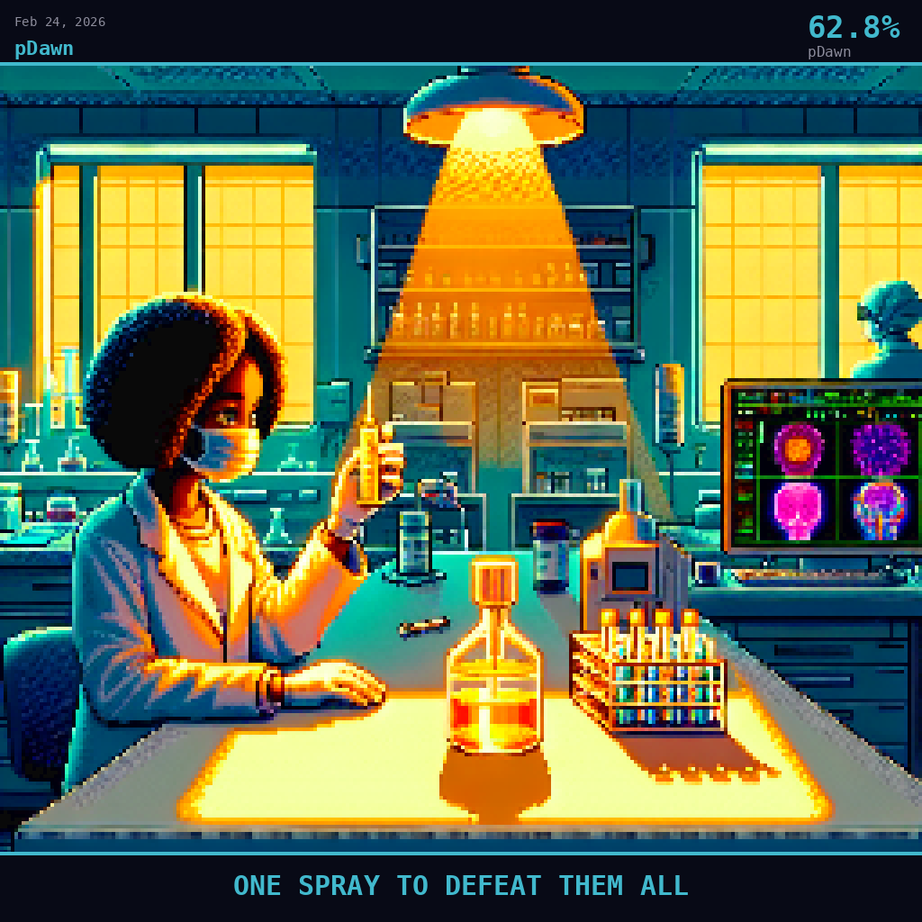 pDawn card for February 24, 2026: 62.8%, ONE SPRAY TO DEFEAT THEM ALL. Pixel art: Interior of a Stanford Medicine research laboratory viewed from inside looking outward through a wide doorway, the doorway frame cutting the composition into warm interior and cool corridor beyond.