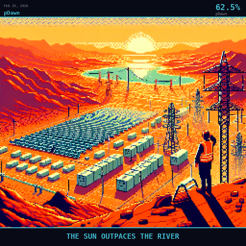 pDawn card for February 25, 2026: 62.5%, THE SUN OUTPACES THE RIVER. Pixel art: A vast American Southwest desert landscape dominated by golden-hour haze and warm atmospheric dust, the entire scene filtered through a radiant amber-teal atmosphere as late afternoon sun rakes low ac.