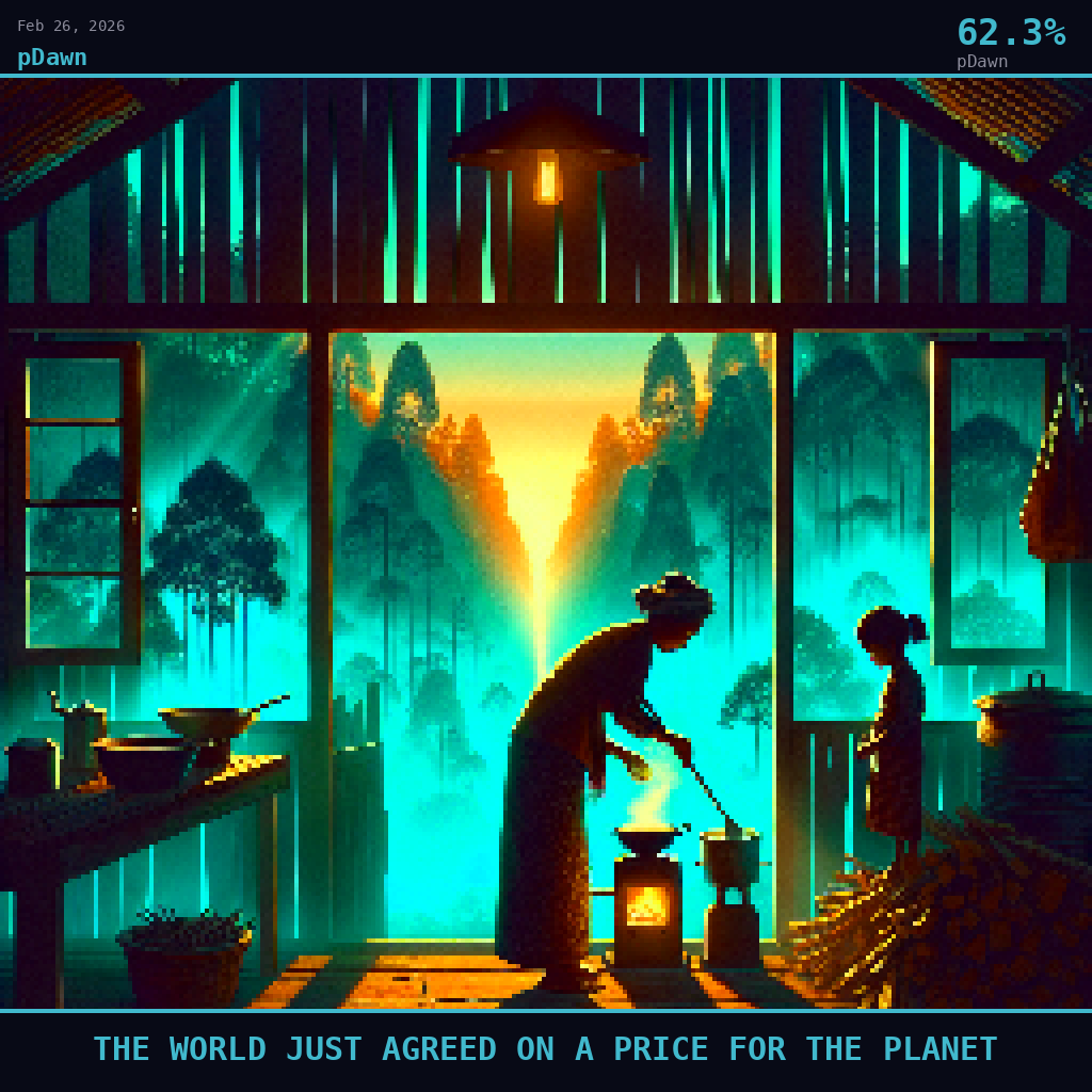 pDawn card for February 26, 2026: 62.3%, THE WORLD JUST AGREED ON A PRICE FOR THE PLANET. Pixel art: Silhouette composition with strong backlight.