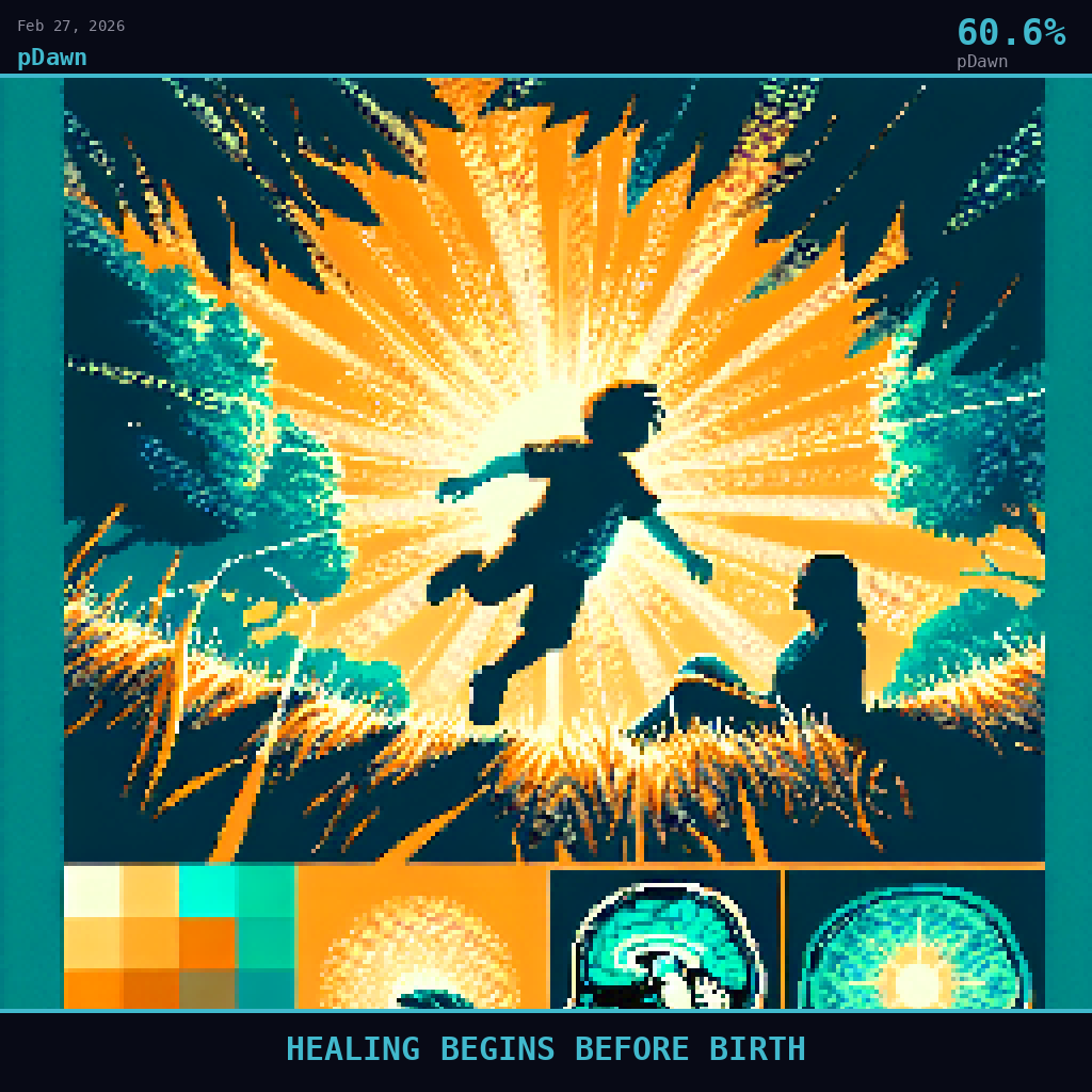pDawn card for February 27, 2026: 60.6%, HEALING BEGINS BEFORE BIRTH. Pixel art: Ground-level view looking dramatically upward from the grass of a sun-drenched backyard, the entire scene bathed in deep golden hour amber, long shadows stretching across blades of grass rendered in w.