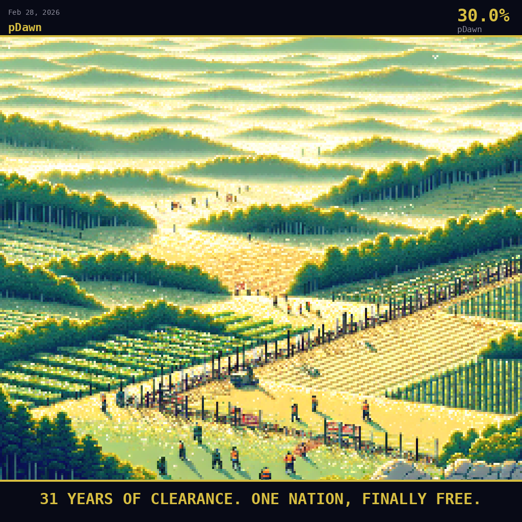 pDawn card for February 28, 2026: 30.0%, 31 YEARS OF CLEARANCE. ONE NATION, FINALLY FREE.. Pixel art: Wide aerial view angled downward at 45 degrees, vast Croatian countryside landscape stretching across the entire frame.