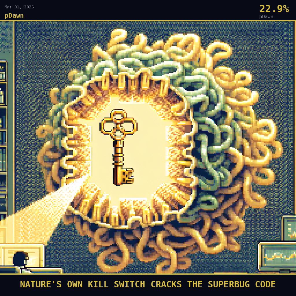 pDawn card for March 1, 2026: 22.9%, NATURE'S OWN KILL SWITCH CRACKS THE SUPERBUG CODE. Pixel art: Extreme close-up filling the entire frame with a single glowing molecular groove.