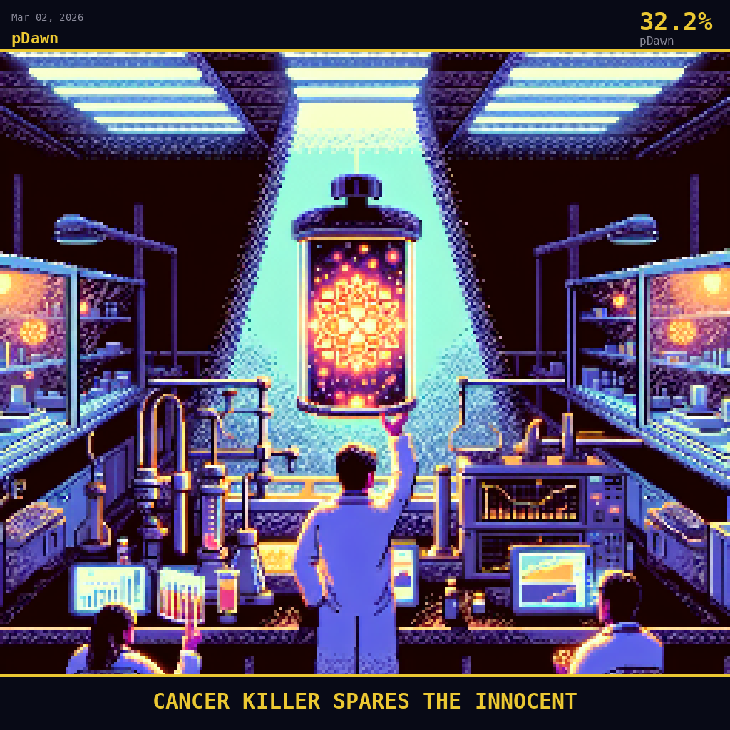pDawn card for March 2, 2026: 32.2%, CANCER KILLER SPARES THE INNOCENT. Pixel art: Night scene inside a darkened university research laboratory, deep shadows consuming the edges of the room, every light source artificial and deliberate.
