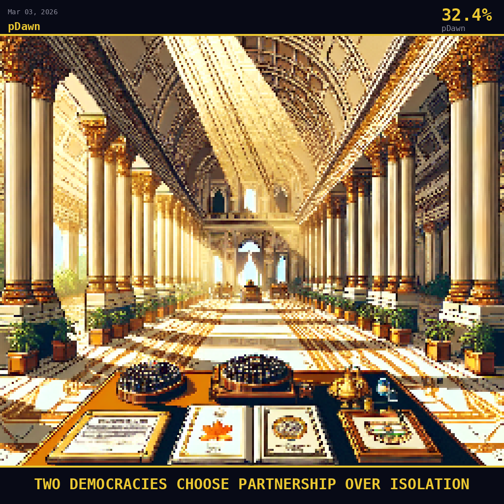 pDawn card for March 3, 2026: 32.4%, TWO DEMOCRACIES CHOOSE PARTNERSHIP OVER ISOLATION. Pixel art: Interior scene inside the grand ceremonial hall of Hyderabad House, New Delhi.