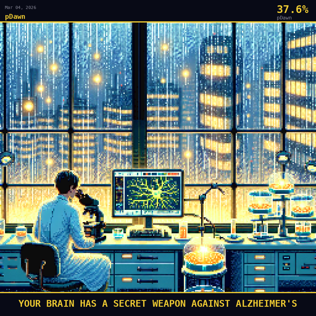 pDawn card for March 4, 2026: 37.6%, YOUR BRAIN HAS A SECRET WEAPON AGAINST ALZHEIMER'S. Pixel art: A neuroscience laboratory interior seen through a rain-lashed floor-to-ceiling window, soft amber streetlight refracting through rivulets of water on the glass, fog pressing against the outside world .