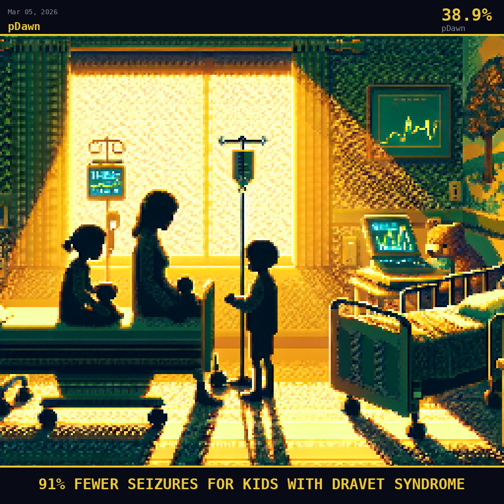pDawn card for March 5, 2026: 38.9%, 91% FEWER SEIZURES FOR KIDS WITH DRAVET SYNDROME. Pixel art: Silhouette composition with strong backlight.