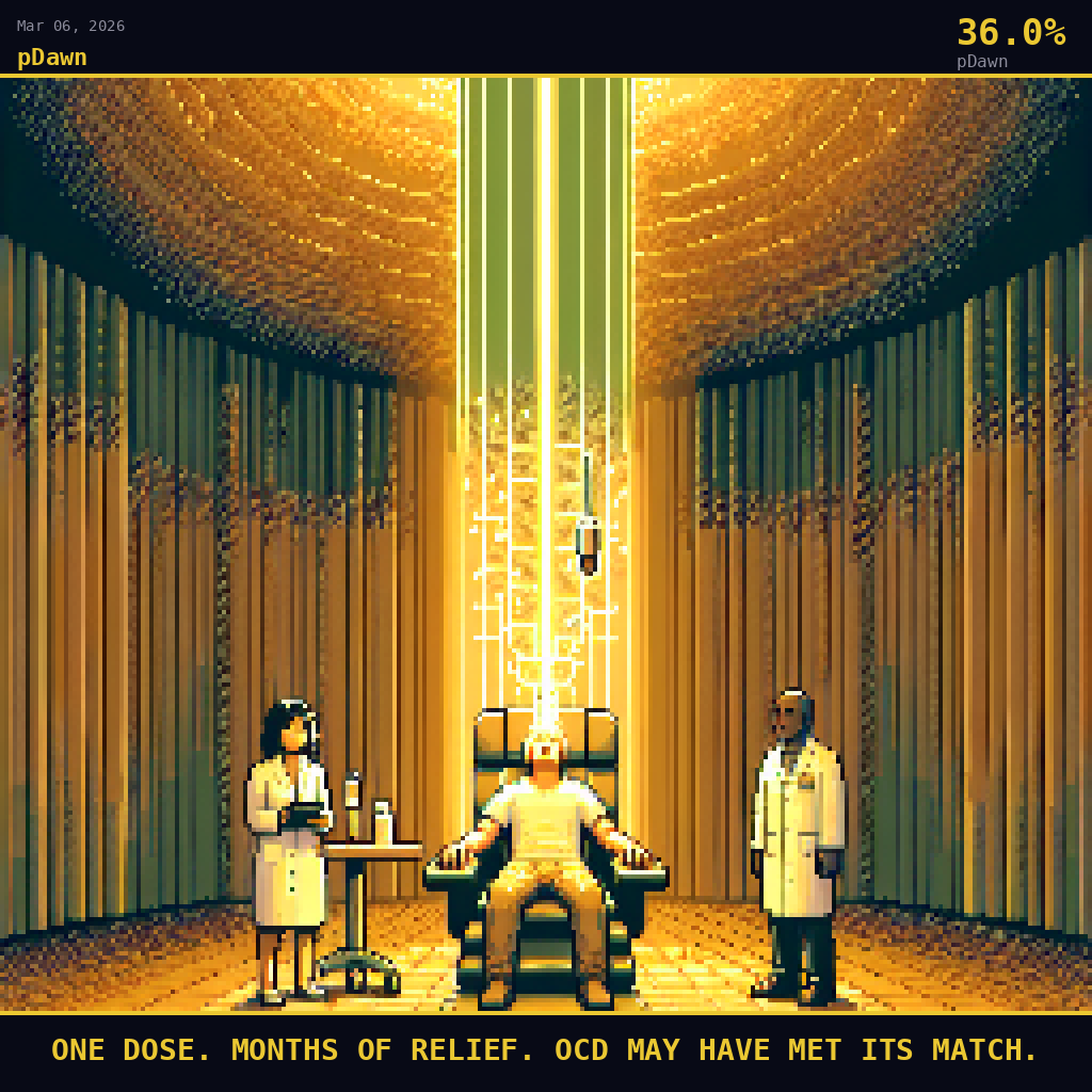 pDawn card for March 6, 2026: 36.0%, ONE DOSE. MONTHS OF RELIEF. OCD MAY HAVE MET ITS MATCH.. Pixel art: Ground-level view looking straight up from the floor of a Yale School of Medicine guided psychedelic session room, warm amber and gold light pouring through linen curtains overhead, the ceiling recedi.
