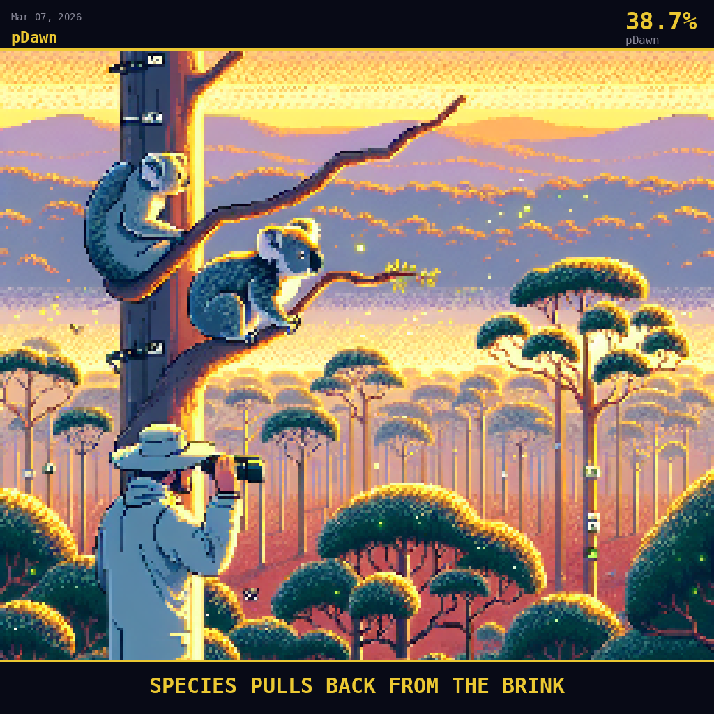 pDawn card for March 7, 2026: 38.7%, SPECIES PULLS BACK FROM THE BRINK. Pixel art: Wide aerial view looking down at a 45-degree angle, vast Australian bushland landscape dominates the frame, Queensland eucalyptus forest at golden dawn, long horizontal amber light rays cutting betwee.