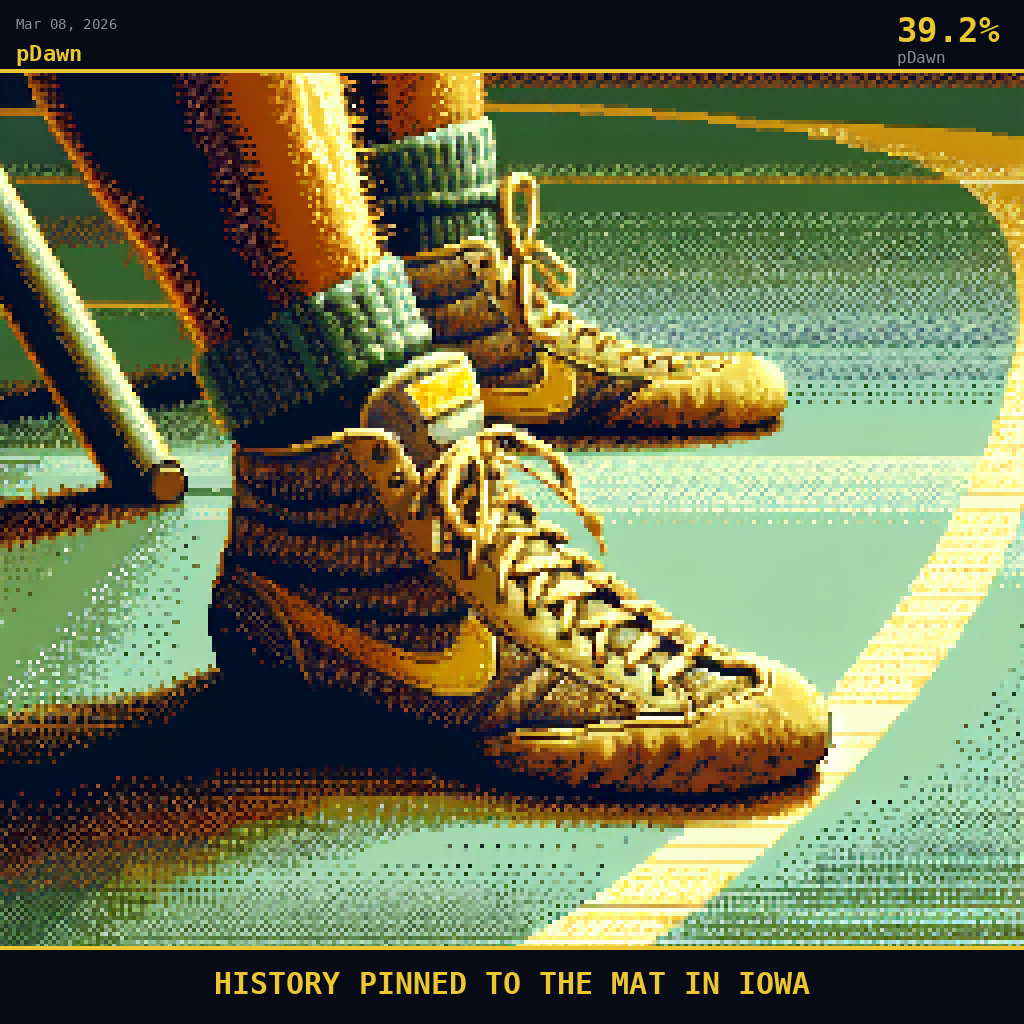 pDawn card for March 8, 2026: 39.2%, HISTORY PINNED TO THE MAT IN IOWA. Pixel art: Extreme close-up filling the entire frame with a worn wrestling shoe.