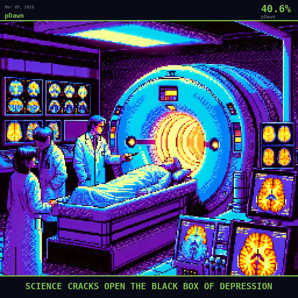 pDawn card for March 9, 2026: 40.6%, SCIENCE CRACKS OPEN THE BLACK BOX OF DEPRESSION. Pixel art: Night scene inside a darkened PET imaging suite in a Japanese university medical center.