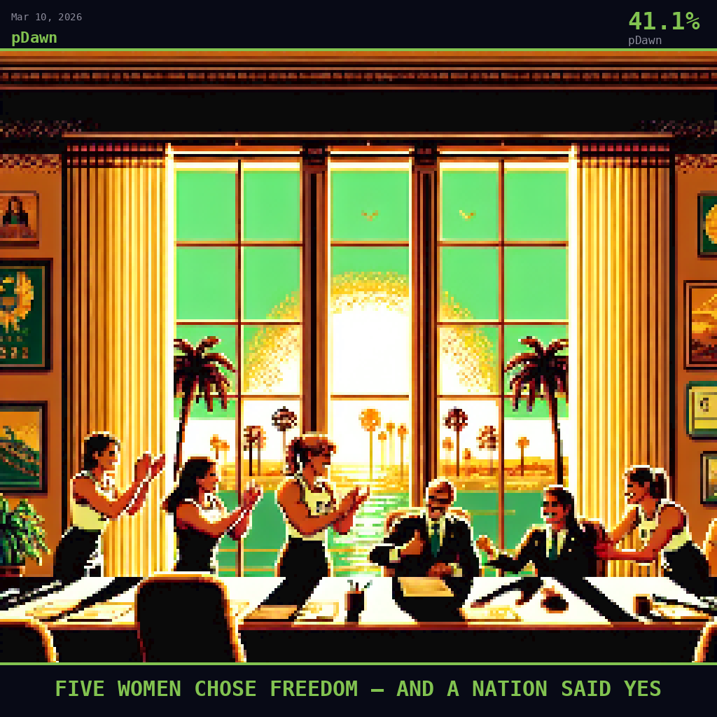 pDawn card for March 10, 2026: 41.1%, FIVE WOMEN CHOSE FREEDOM — AND A NATION SAID YES. Pixel art: Interior of a warm government signing room viewed from inside looking outward.
