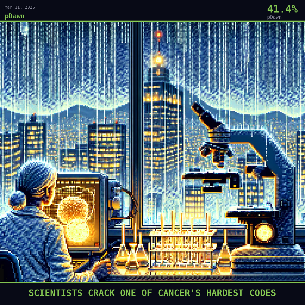 pDawn card for March 11, 2026: 41.4%, SCIENTISTS CRACK ONE OF CANCER'S HARDEST CODES. Pixel art: A cancer research laboratory at Oregon Health & Science University seen through a rain-lashed floor-to-ceiling window.
