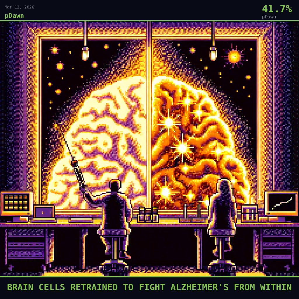 pDawn card for March 12, 2026: 41.7%, BRAIN CELLS RETRAINED TO FIGHT ALZHEIMER'S FROM WITHIN. Pixel art: Silhouette composition with strong backlight.