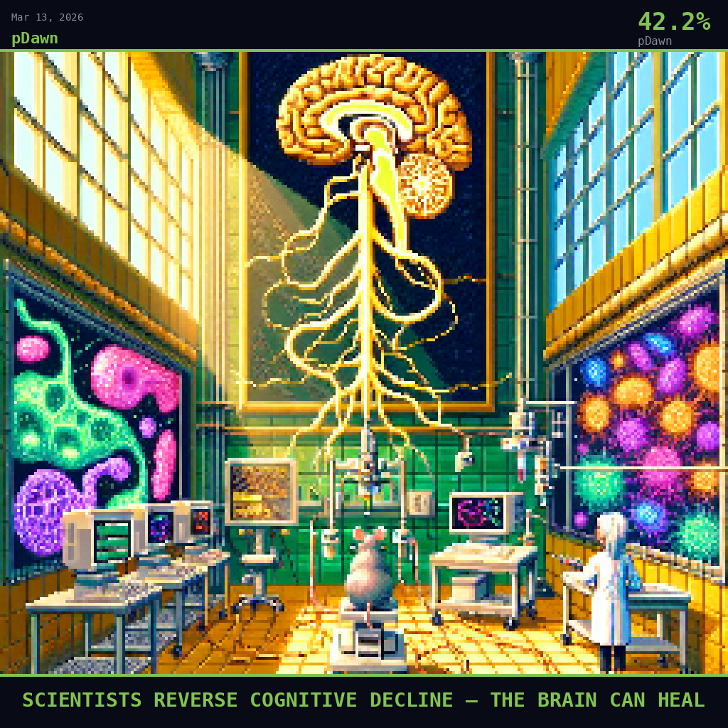 pDawn card for March 13, 2026: 42.2%, SCIENTISTS REVERSE COGNITIVE DECLINE — THE BRAIN CAN HEAL. Pixel art: Ground-level view looking dramatically upward from the polished floor of a sunlit California neuroscience laboratory, golden morning light streaming through tall windows far above, warm amber and fres.