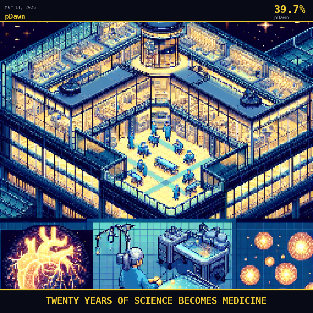pDawn card for March 14, 2026: 39.7%, TWENTY YEARS OF SCIENCE BECOMES MEDICINE. Pixel art: Wide aerial view looking down at a 45-degree angle, vast scene dominates with tiny figures below.