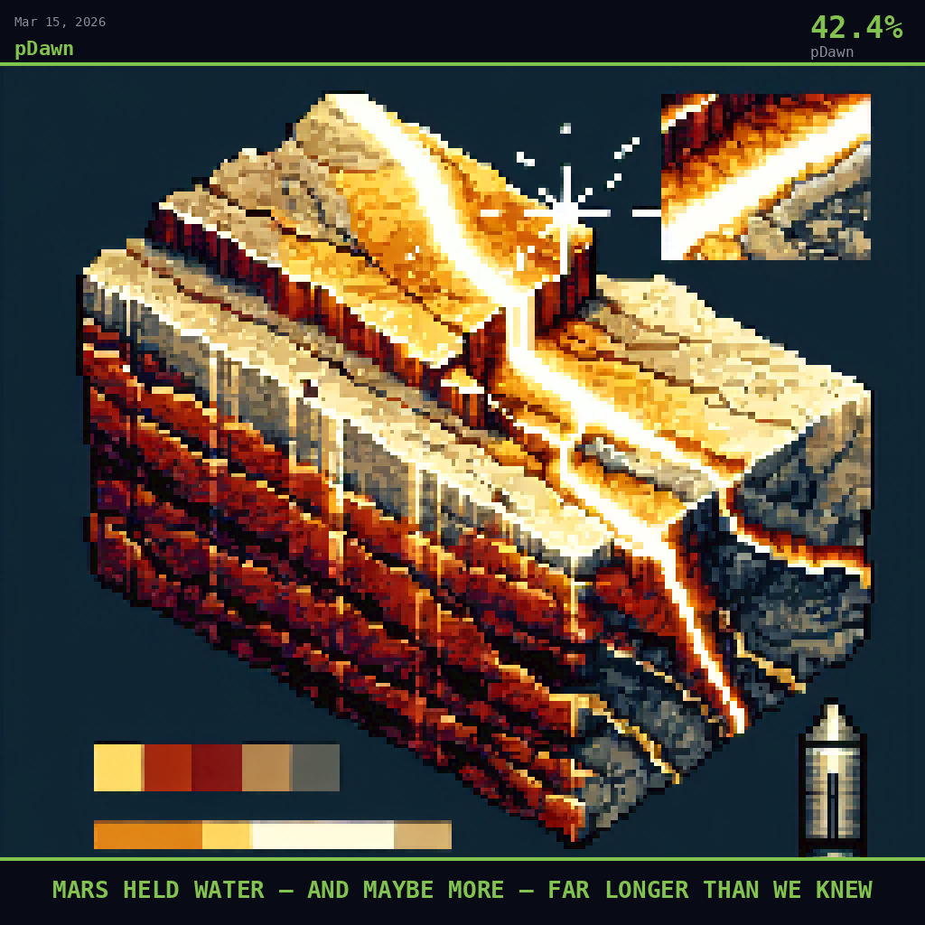 pDawn card for March 15, 2026: 42.4%, MARS HELD WATER — AND MAYBE MORE — FAR LONGER THAN WE KNEW. Pixel art: Extreme close-up filling the entire frame with a fractured slab of ancient Martian sandstone from Gale Crater, the rust-red and ochre rock surface dominating every pixel.