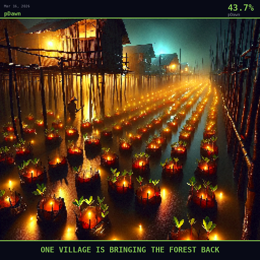 pDawn card for March 16, 2026: 43.7%, ONE VILLAGE IS BRINGING THE FOREST BACK. Pixel art: Night scene, all light from artificial sources, deep shadows dominate.