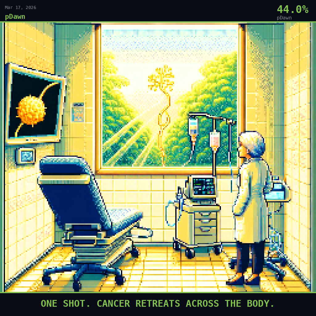 pDawn card for March 17, 2026: 44.0%, ONE SHOT. CANCER RETREATS ACROSS THE BODY.. Pixel art: Interior scene looking outward, from inside a bright clinical oncology treatment room at Memorial Sloan Kettering, warm golden-yellow daylight flooding through a wide window that frames the outside wo.