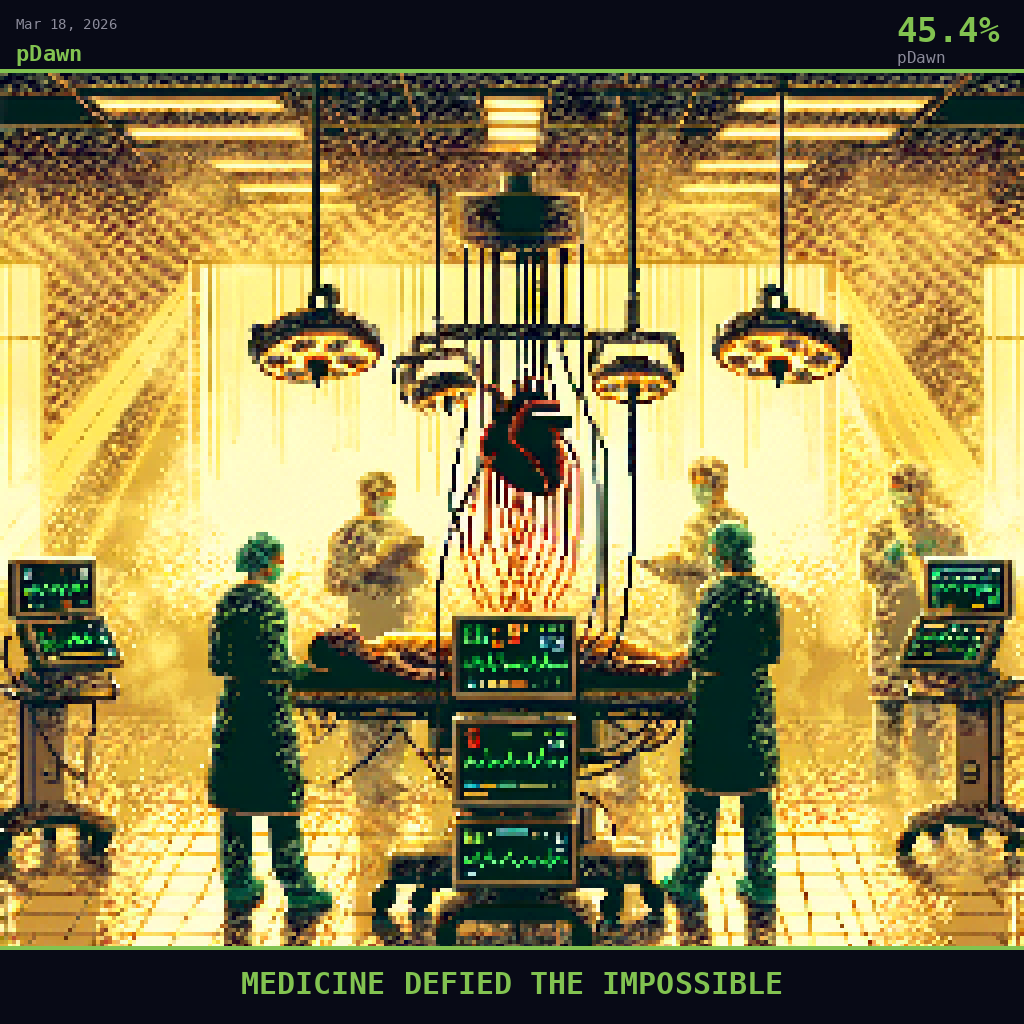 pDawn card for March 18, 2026: 45.4%, MEDICINE DEFIED THE IMPOSSIBLE. Pixel art: Weather-dominated scene, thick golden morning fog rolling through a hospital corridor at Northwestern University, warm haze diffusing the blazing overhead surgical lights into soft amber halos, the mi.