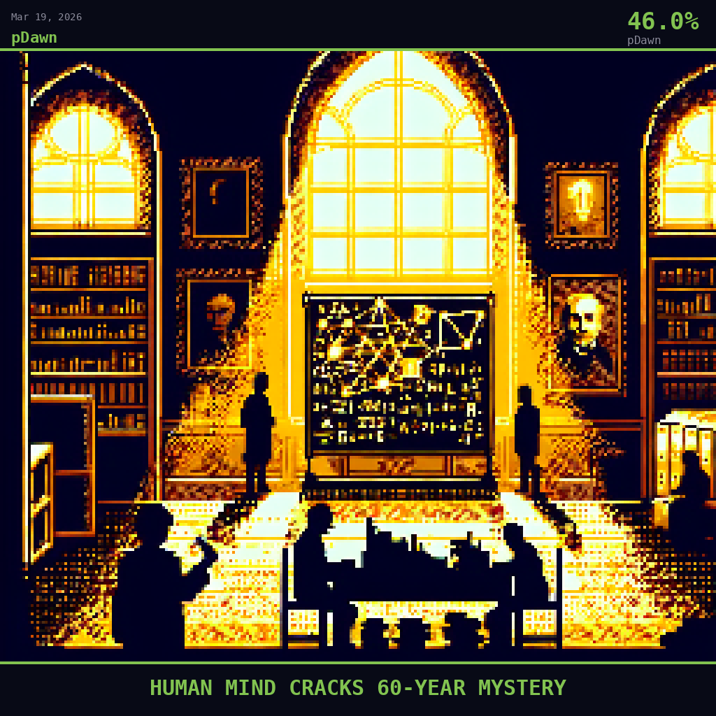 pDawn card for March 19, 2026: 46.0%, HUMAN MIND CRACKS 60-YEAR MYSTERY. Pixel art: Silhouette composition, strong backlight, dramatic golden-yellow light blazing through tall arched windows of a high-ceilinged European academic office at the Max Planck Institute in Bonn, warm fresh .