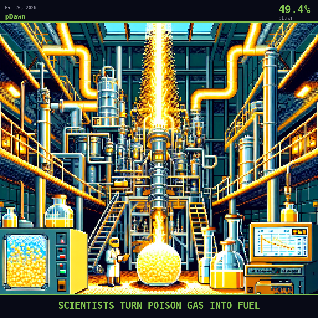 pDawn card for March 20, 2026: 49.4%, SCIENTISTS TURN POISON GAS INTO FUEL. Pixel art: Ground-level view looking straight up from the floor of a flame synthesis laboratory, dramatic low-angle perspective with towering industrial equipment looming overhead against a high ceiling.