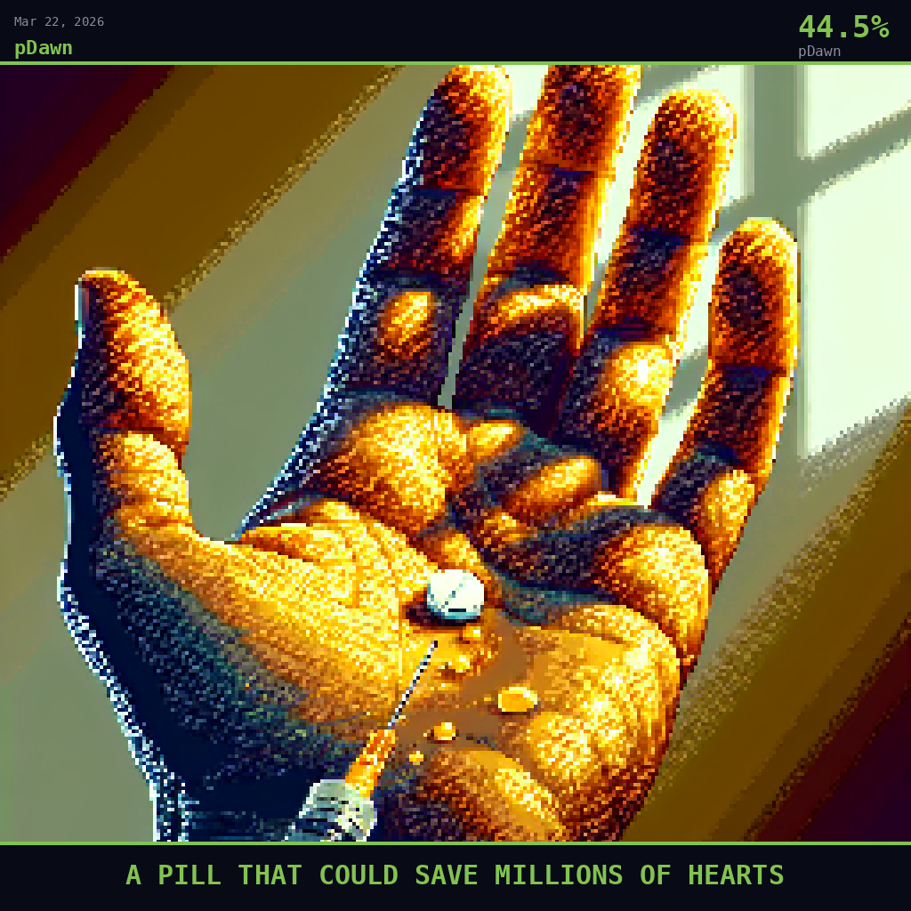 pDawn card for March 22, 2026: 44.5%, A PILL THAT COULD SAVE MILLIONS OF HEARTS. Pixel art: Extreme close-up filling the entire frame with an open human palm held flat, warm golden-amber skin tones catching balanced daylight from a nearby window, a single tiny white pill resting at the very .