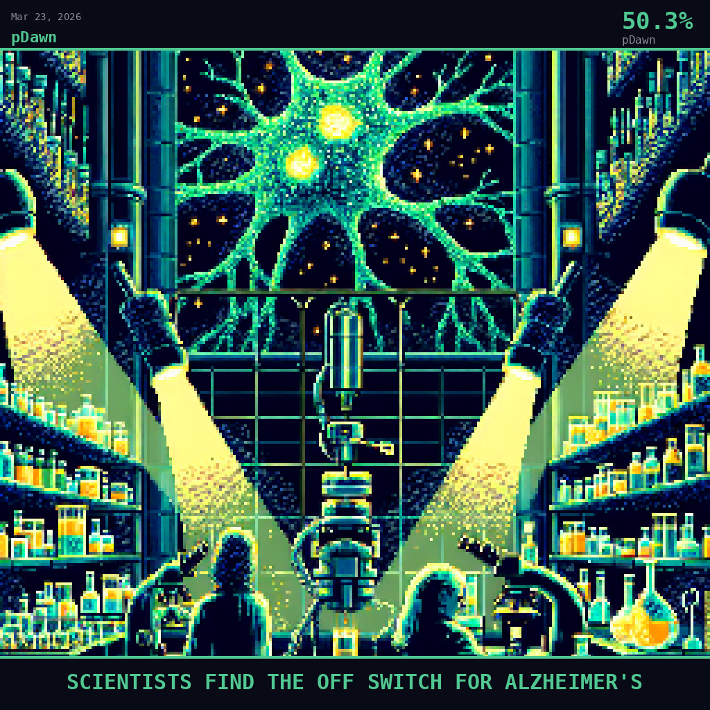 pDawn card for March 23, 2026: 50.3%, SCIENTISTS FIND THE OFF SWITCH FOR ALZHEIMER'S. Pixel art: Night scene inside a darkened Heidelberg neuroscience laboratory, deep shadows consuming the high-ceilinged room, all light radiating from artificial sources.