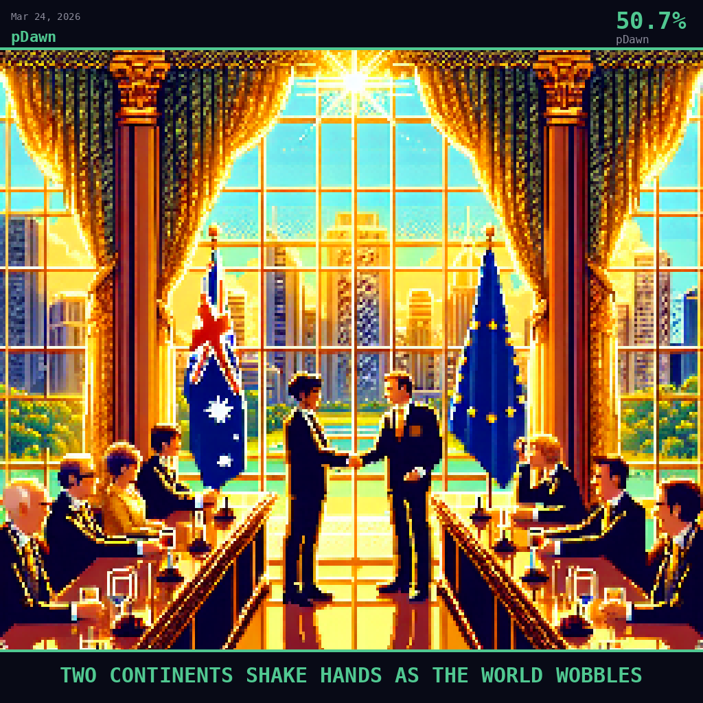 pDawn card for March 24, 2026: 50.7%, TWO CONTINENTS SHAKE HANDS AS THE WORLD WOBBLES. Pixel art: Interior scene inside a grand sunlit diplomatic hall, floor-to-ceiling windows dominating the back wall, long shafts of rich golden afternoon light pouring across a formal draped conference table, the.