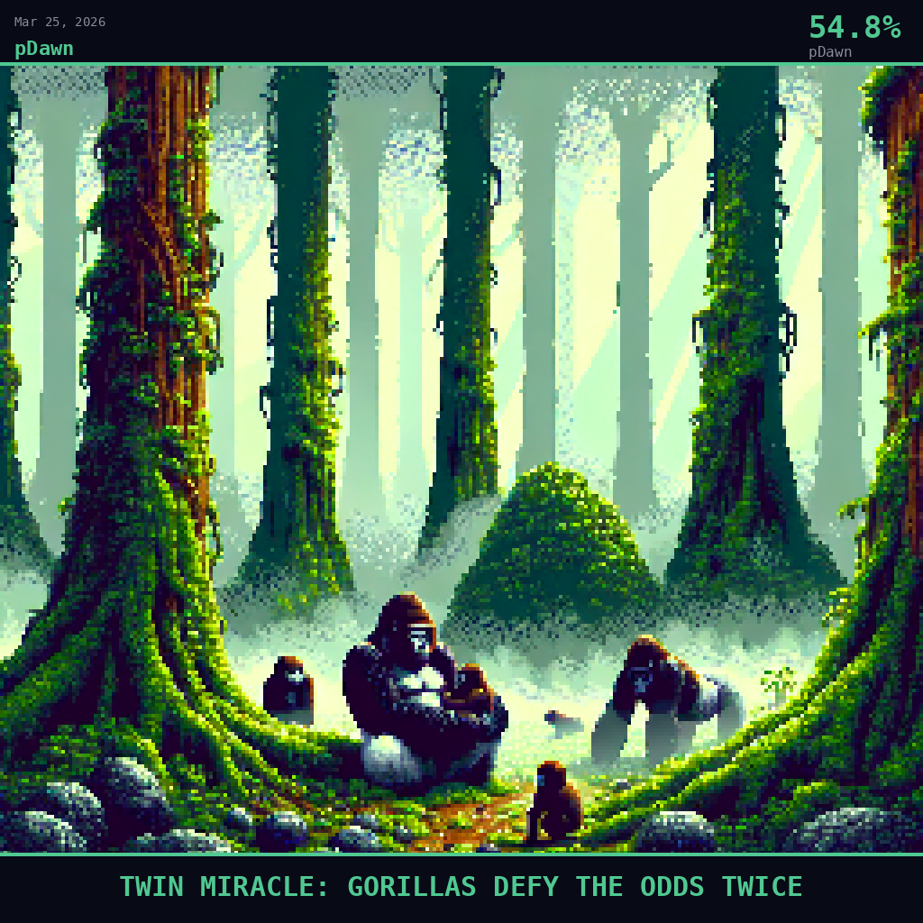 pDawn card for March 25, 2026: 54.8%, TWIN MIRACLE: GORILLAS DEFY THE ODDS TWICE. Pixel art: Weather-dominated scene: thick volcanic mist rolls through the ancient highland rainforest of Virunga, fog threading between moss-draped hagenia trunks in dense pale grey curtains, the entire scene fi.