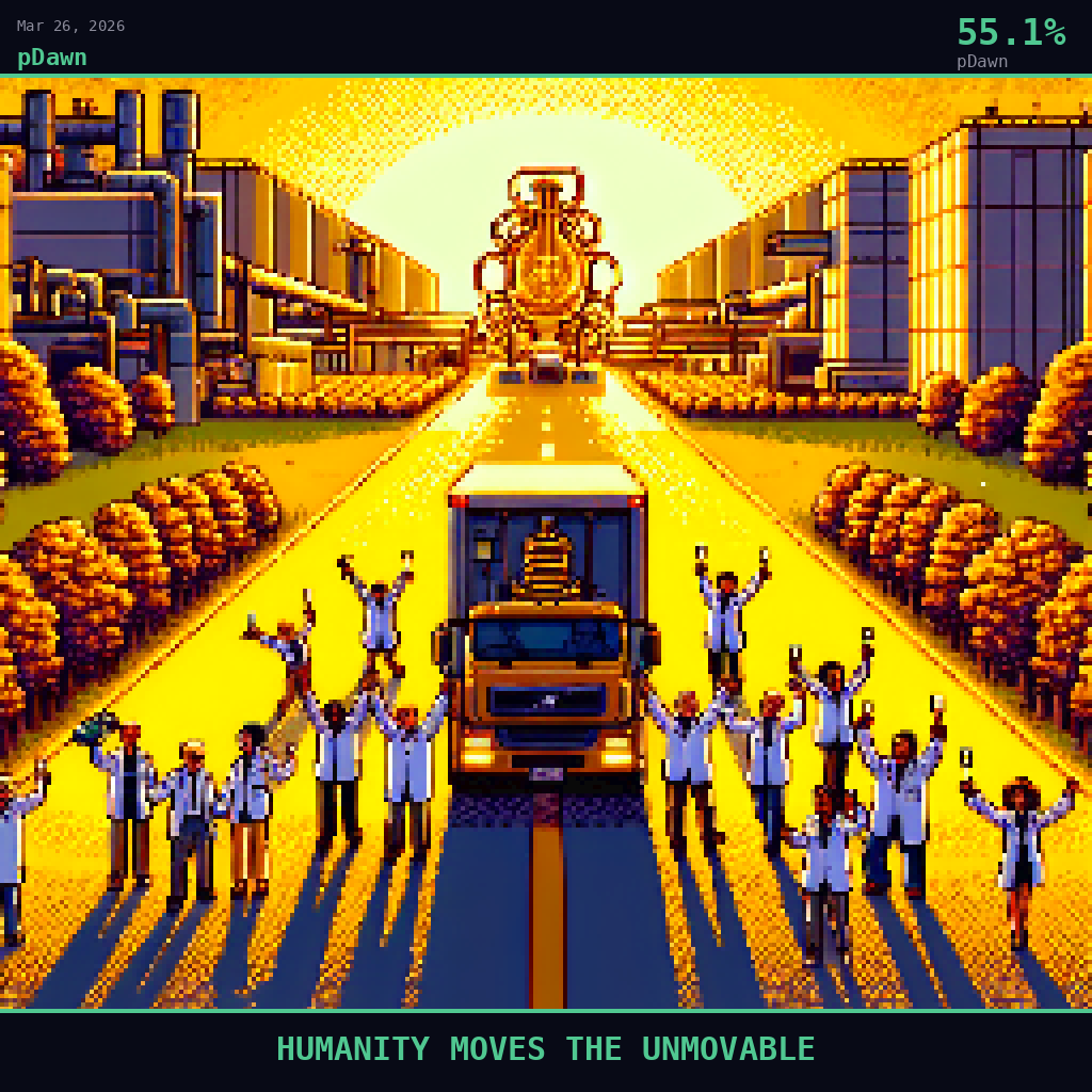pDawn card for March 26, 2026: 55.1%, HUMANITY MOVES THE UNMOVABLE. Pixel art: Silhouette composition, strong backlight from a rich golden Swiss afternoon sun blazing low on the horizon across the CERN campus road, flooding the scene with saturated amber and deep emerald light.