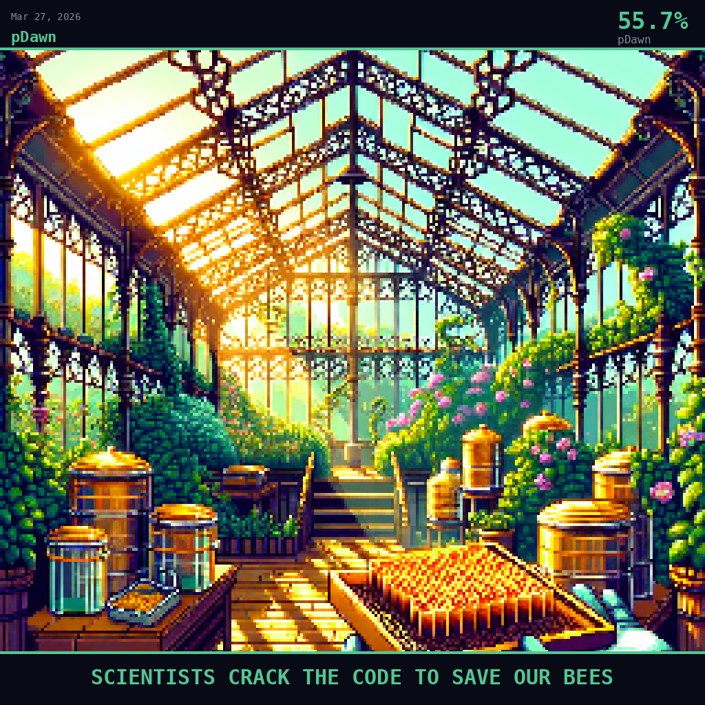 pDawn card for March 27, 2026: 55.7%, SCIENTISTS CRACK THE CODE TO SAVE OUR BEES. Pixel art: Ground-level view looking straight up from inside a Victorian glass greenhouse at Royal Botanic Gardens Kew, the towering iron-framed glass panes soaring overhead into a cathedral of emerald and gold,.