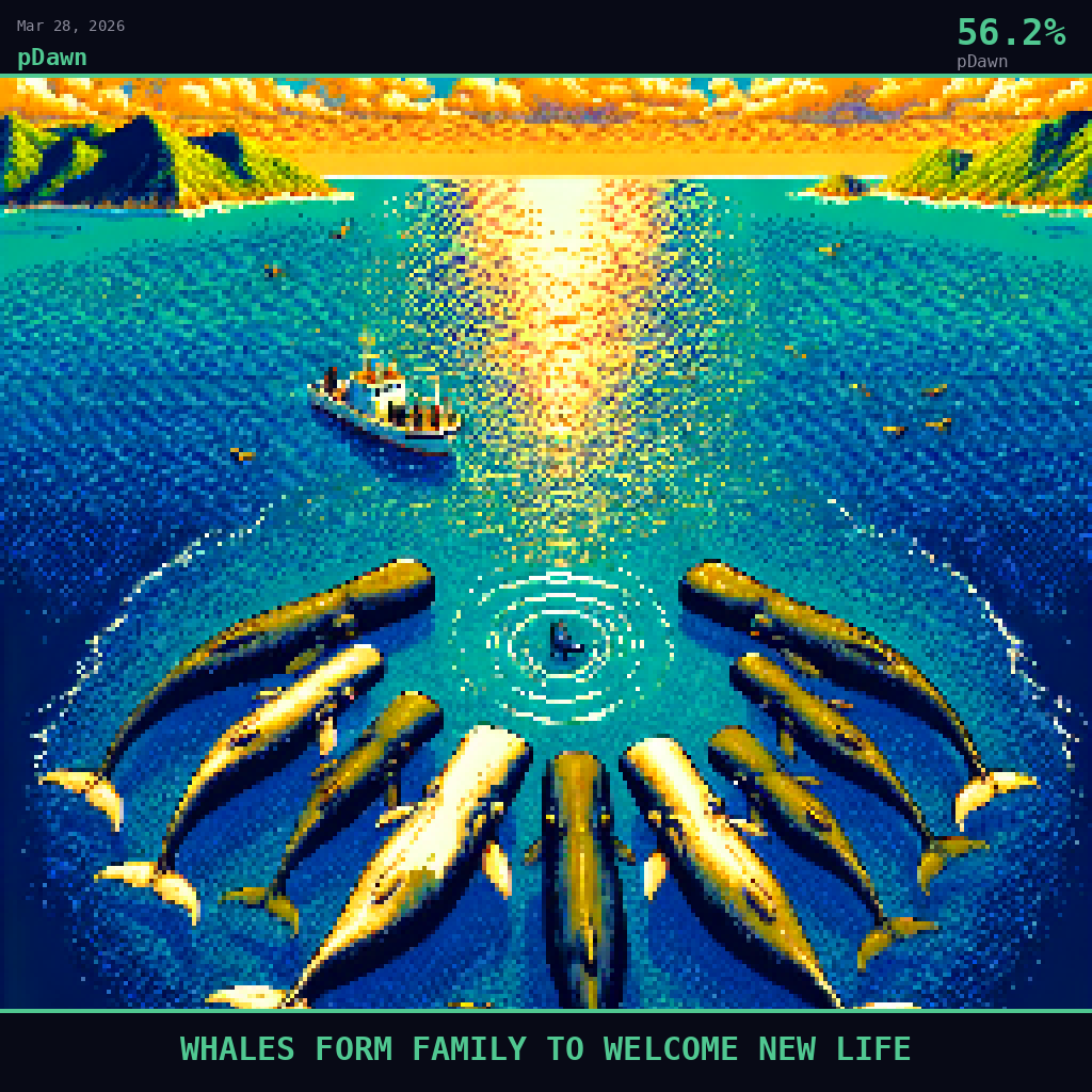 pDawn card for March 28, 2026: 56.2%, WHALES FORM FAMILY TO WELCOME NEW LIFE. Pixel art: Wide aerial view looking down at a 45-degree angle, vast open Caribbean Sea off Dominica dominates the frame.