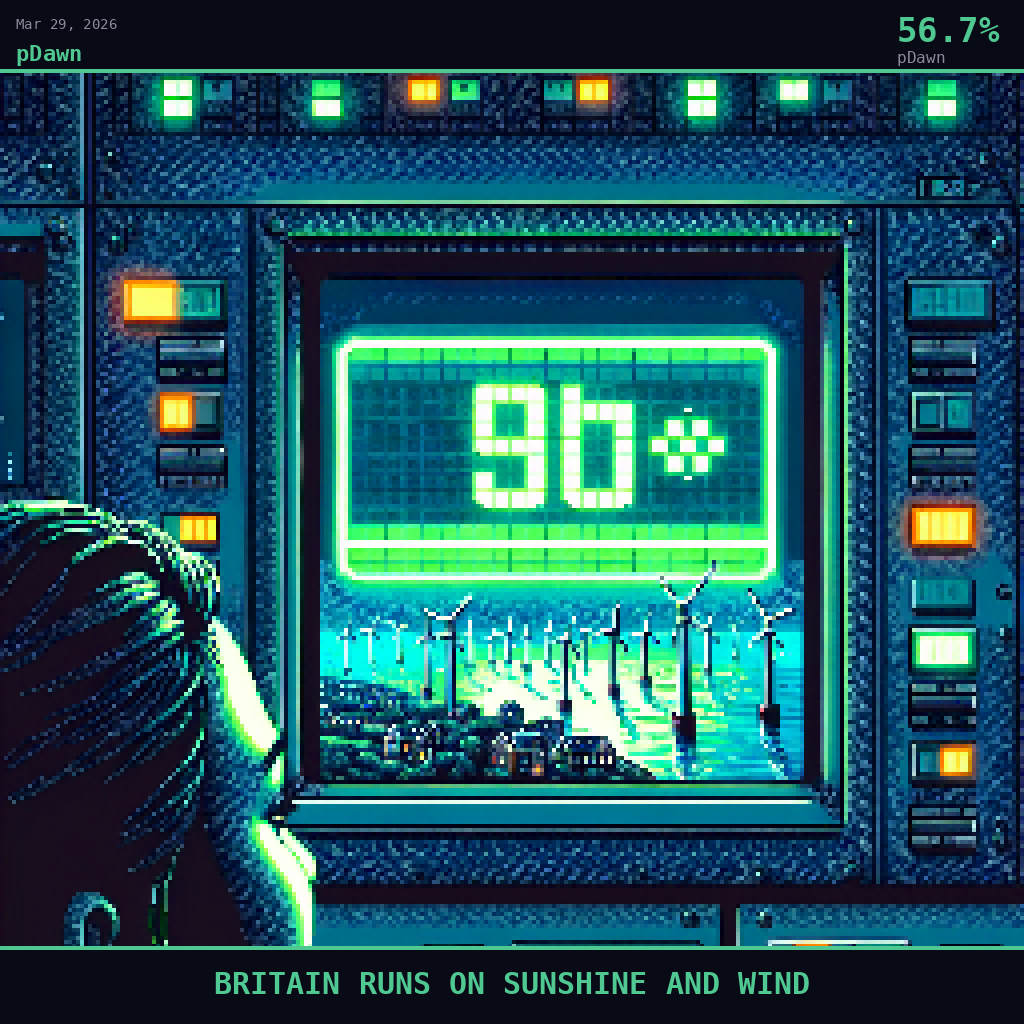 pDawn card for March 29, 2026: 56.7%, BRITAIN RUNS ON SUNSHINE AND WIND. Pixel art: Extreme close-up filling the entire frame with a single glowing digital display panel mounted in the National Grid control room, the readout showing a luminous emerald-green percentage figure blazing .