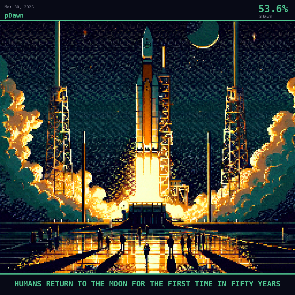 pDawn card for March 30, 2026: 53.6%, HUMANS RETURN TO THE MOON FOR THE FIRST TIME IN FIFTY YEARS. Pixel art: Night scene at Kennedy Space Center launch pad, deep darkness dominating the frame, the vast Florida sky above an ink-black Atlantic coastline.