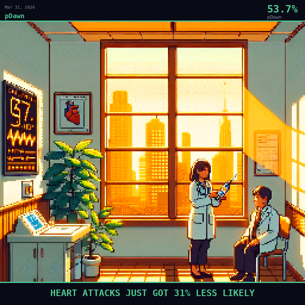 pDawn card for March 31, 2026: 53.7%, HEART ATTACKS JUST GOT 31% LESS LIKELY. Pixel art: Interior scene inside a warm clinical examination room at Mass General Brigham's Heart and Vascular Institute, looking outward through a tall window toward golden afternoon Boston skyline, rich amber .