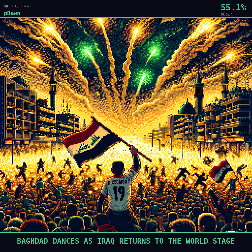 pDawn card for April 1, 2026: 55.1%, BAGHDAD DANCES AS IRAQ RETURNS TO THE WORLD STAGE. Pixel art: Baghdad streets at night seen through thick drifting fireworks smoke and haze, the atmospheric murk glowing gold and emerald as flares burst somewhere above, their light diffused into warm amber colum.