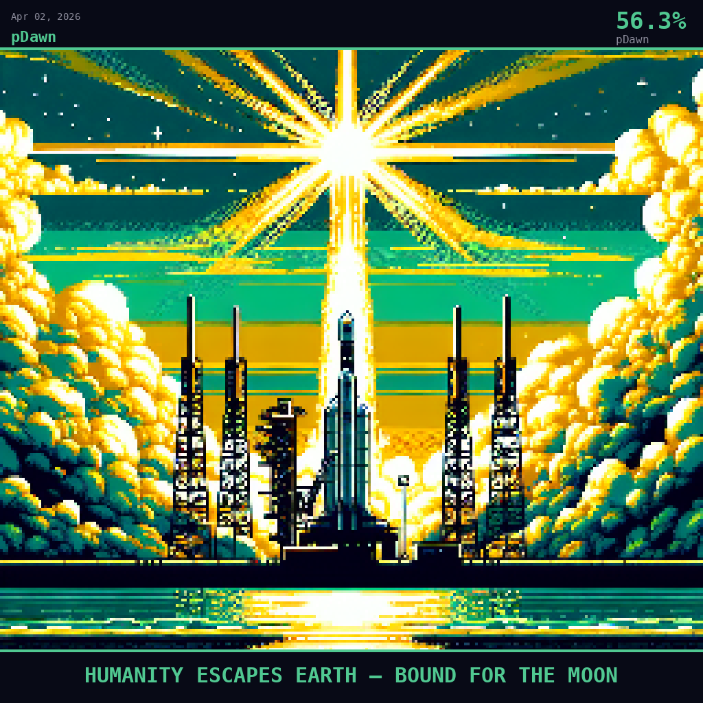 pDawn card for April 2, 2026: 56.3%, HUMANITY ESCAPES EARTH — BOUND FOR THE MOON. Pixel art: Silhouette composition, strong backlight.