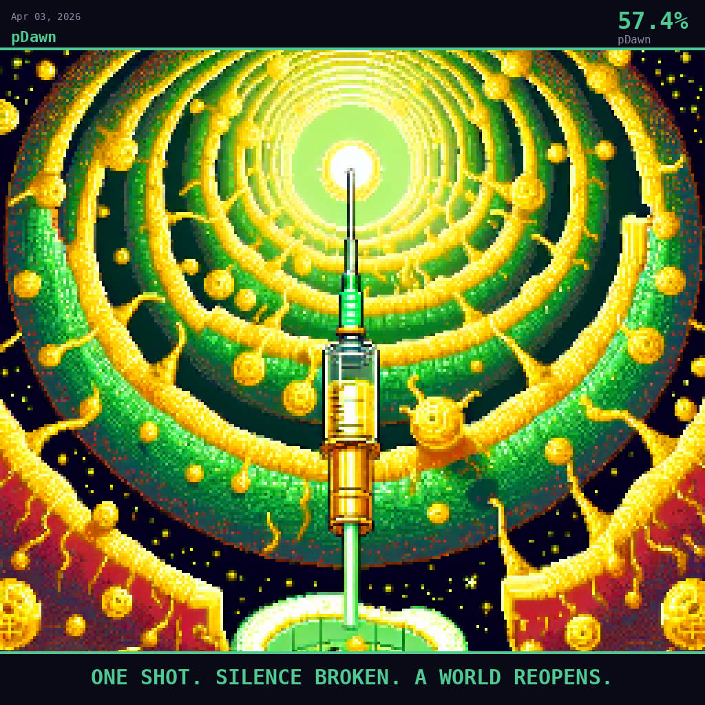 pDawn card for April 3, 2026: 57.4%, ONE SHOT. SILENCE BROKEN. A WORLD REOPENS.. Pixel art: Ground-level view looking straight up from inside a cochlear cross-section rendered as a vast spiral cathedral of amber and emerald, the snail-shell chambers towering overhead like a living architectu.