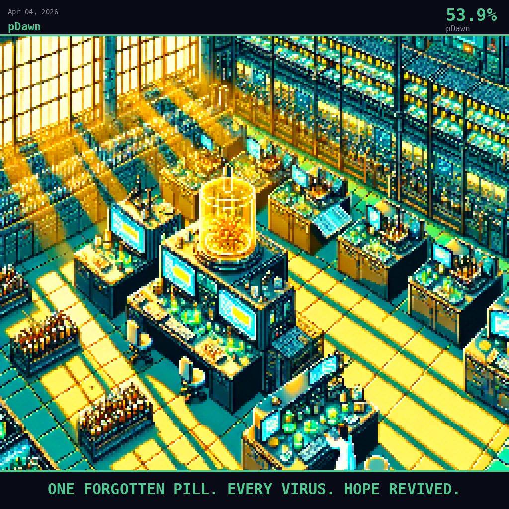 pDawn card for April 4, 2026: 53.9%, ONE FORGOTTEN PILL. EVERY VIRUS. HOPE REVIVED.. Pixel art: Wide aerial view at 45-degree angle looking down onto a vast California biotech laboratory floor bathed in rich gold afternoon light breaking through floor-to-ceiling windows, the warm amber flooding .