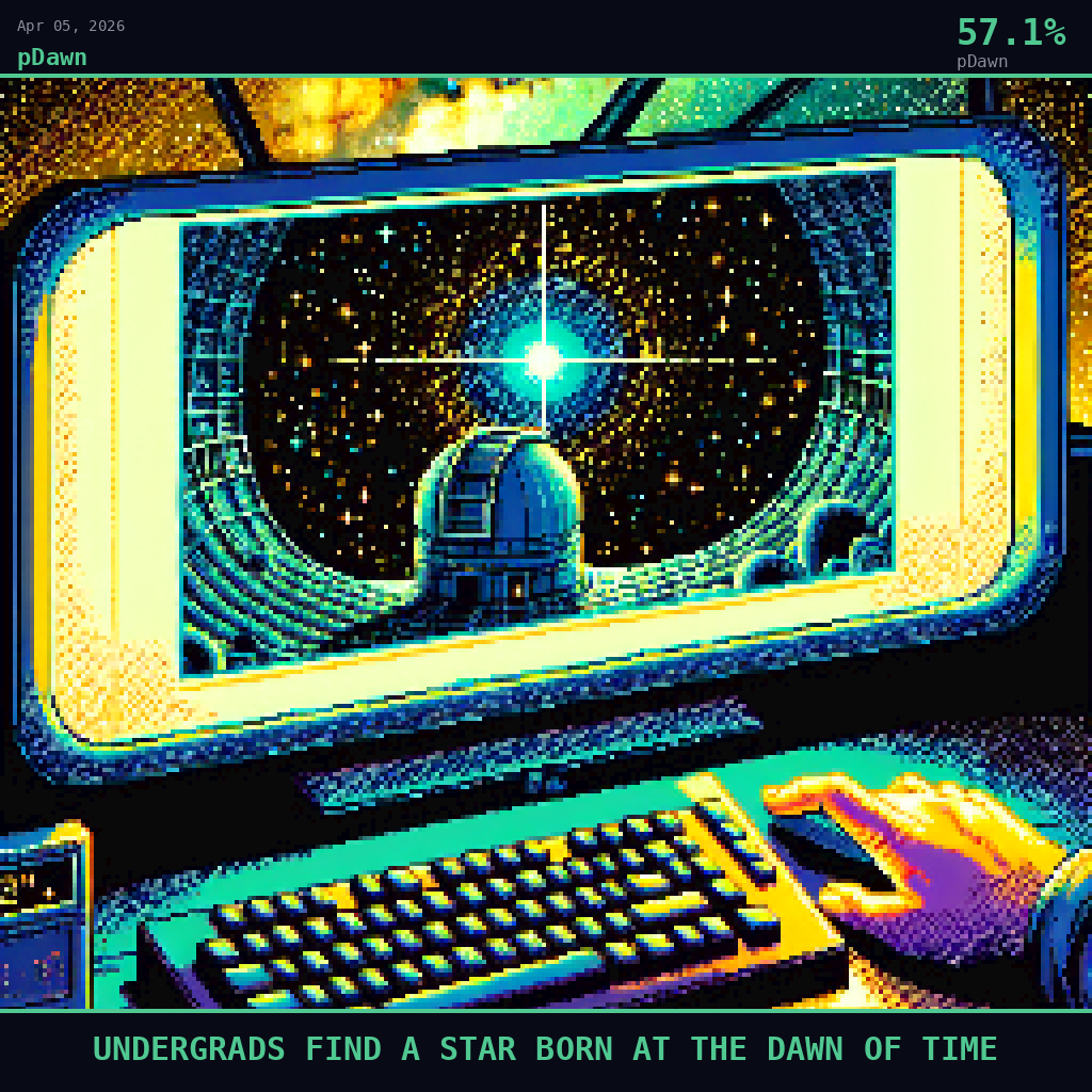 pDawn card for April 5, 2026: 57.1%, UNDERGRADS FIND A STAR BORN AT THE DAWN OF TIME. Pixel art: Extreme close-up filling the entire frame with a glowing computer monitor screen inside a darkened telescope dome, the display showing a dense SDSS star catalog scatter plot.
