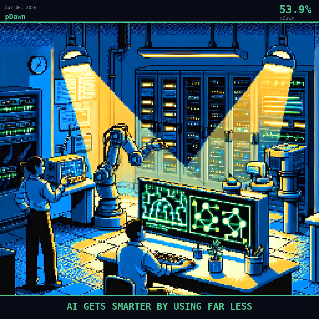 pDawn card for April 6, 2026: 53.9%, AI GETS SMARTER BY USING FAR LESS. Pixel art: Night scene inside a university engineering laboratory, deep shadows dominating the room with all illumination pouring from artificial sources.