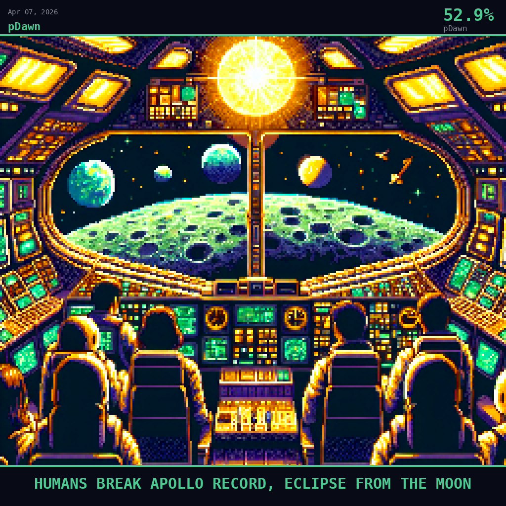 pDawn card for April 7, 2026: 52.9%, HUMANS BREAK APOLLO RECORD, ECLIPSE FROM THE MOON. Pixel art: Interior of the Orion capsule looking outward through a wide curved window, the cramped cockpit environment rendered in warm amber and rich gold instrument glow.
