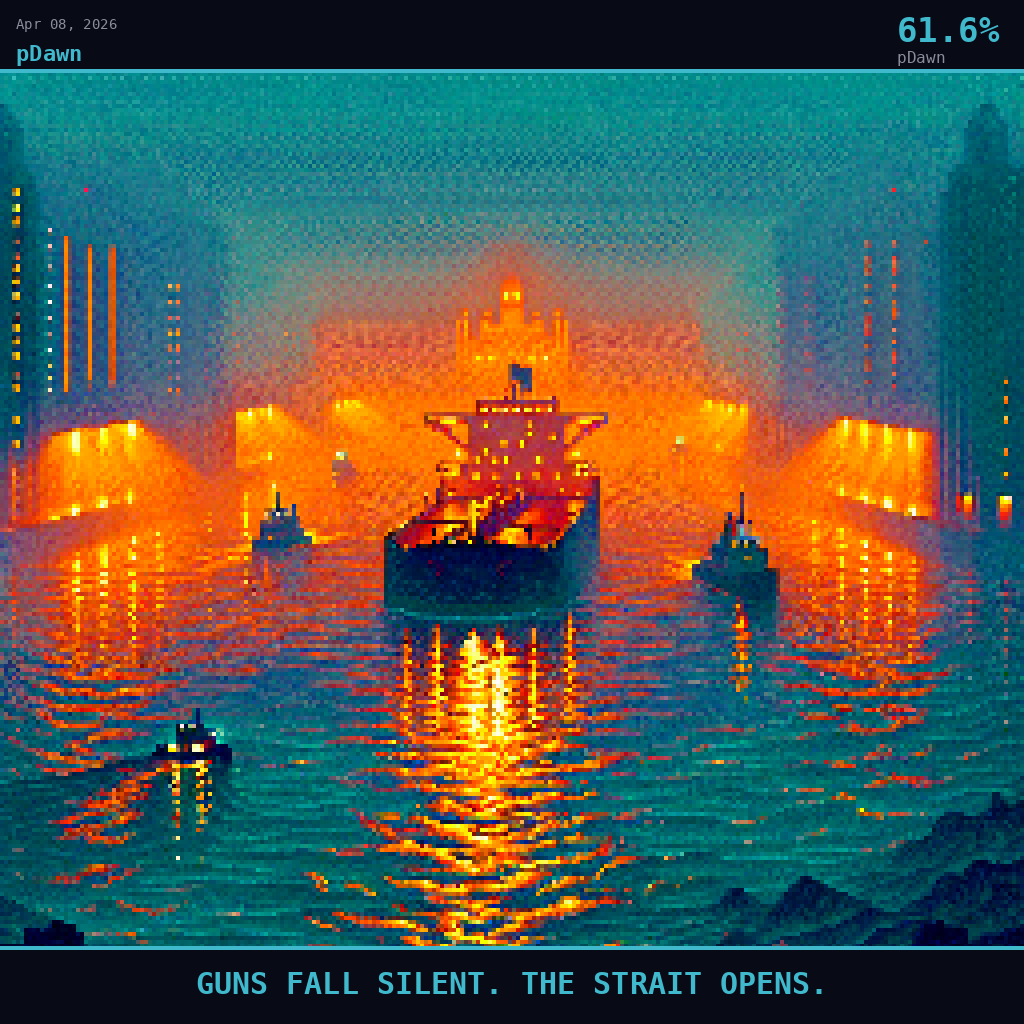 pDawn card for April 8, 2026: 61.6%, GUNS FALL SILENT. THE STRAIT OPENS.. Pixel art: Weather-dominated scene: a heavy coastal fog rolls across the Strait of Hormuz at dusk, the narrow channel barely visible through thick amber-tinted haze, warm golden light diffusing through the mist .