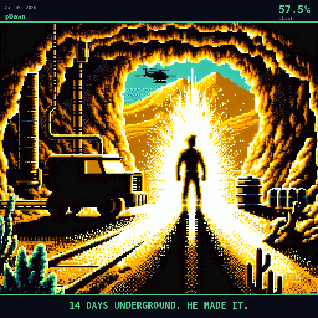 pDawn card for April 9, 2026: 57.5%, 14 DAYS UNDERGROUND. HE MADE IT.. Pixel art: Silhouette composition with dramatic backlight.
