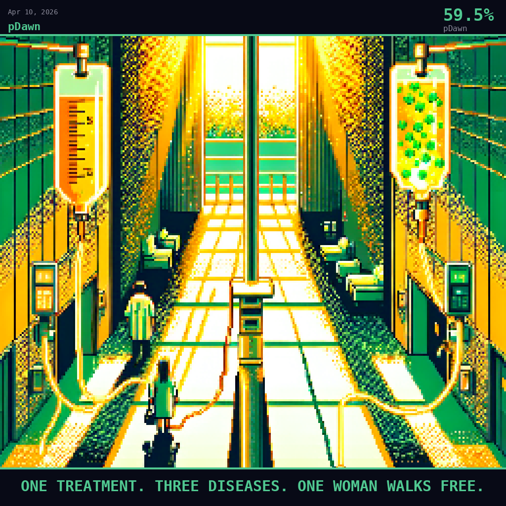 pDawn card for April 10, 2026: 59.5%, ONE TREATMENT. THREE DISEASES. ONE WOMAN WALKS FREE.. Pixel art: Ground-level view looking straight up from a hospital floor, the scene towering overhead in dramatic low-angle perspective.