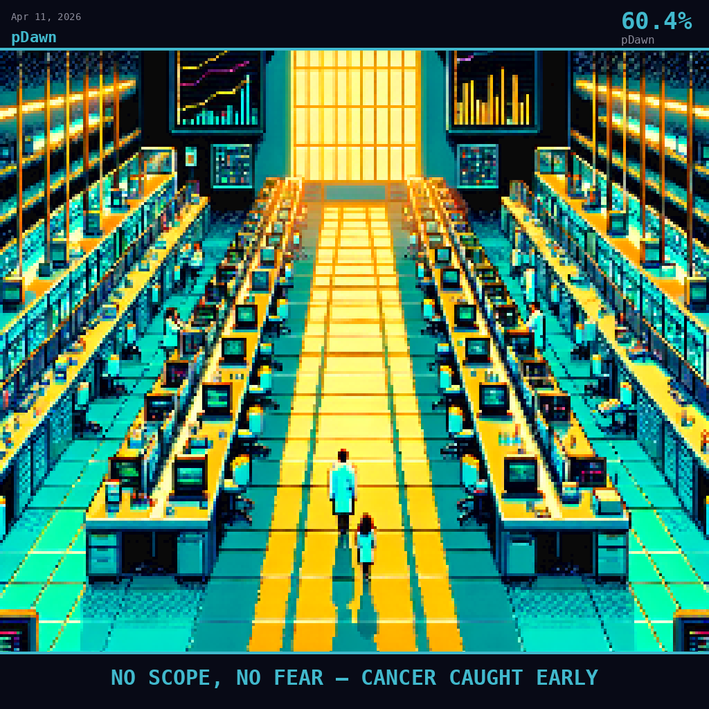 pDawn card for April 11, 2026: 60.4%, NO SCOPE, NO FEAR — CANCER CAUGHT EARLY. Pixel art: Wide aerial view looking down at a 45-degree angle, vast Geneva university research laboratory seen from above at a dramatic diagonal, long white sterile benches stretching across the frame like runwa.