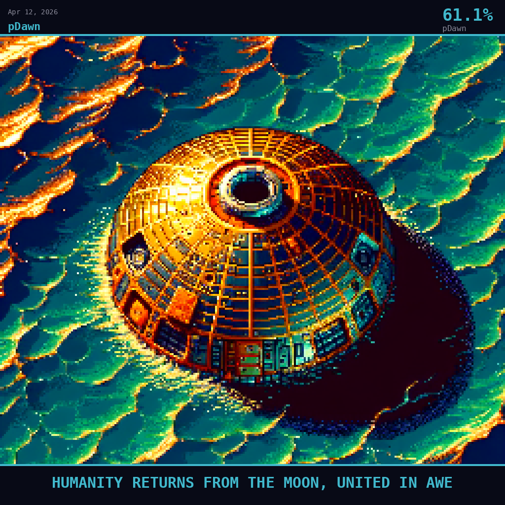 pDawn card for April 12, 2026: 61.1%, HUMANITY RETURNS FROM THE MOON, UNITED IN AWE. Pixel art: Extreme close-up filling the entire frame with the scorched heat shield bottom of NASA's Orion capsule floating on Pacific Ocean water, the surface inches away, occupying every pixel.