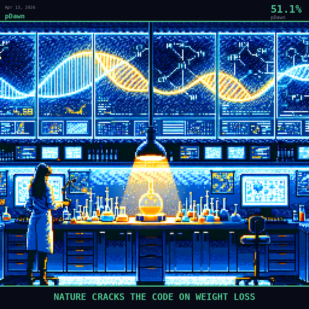 pDawn card for April 13, 2026: 51.1%, NATURE CRACKS THE CODE ON WEIGHT LOSS. Pixel art: Night scene, Stanford Medicine research laboratory bathed entirely in artificial light, deep shadows consuming the corners and ceiling, cool blue-white glow from massive computer monitors dominating o.